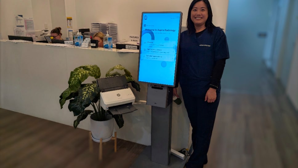 Trucell self-service check-in kiosk live in reception at Aspire Radiology, Westfield Hornsby