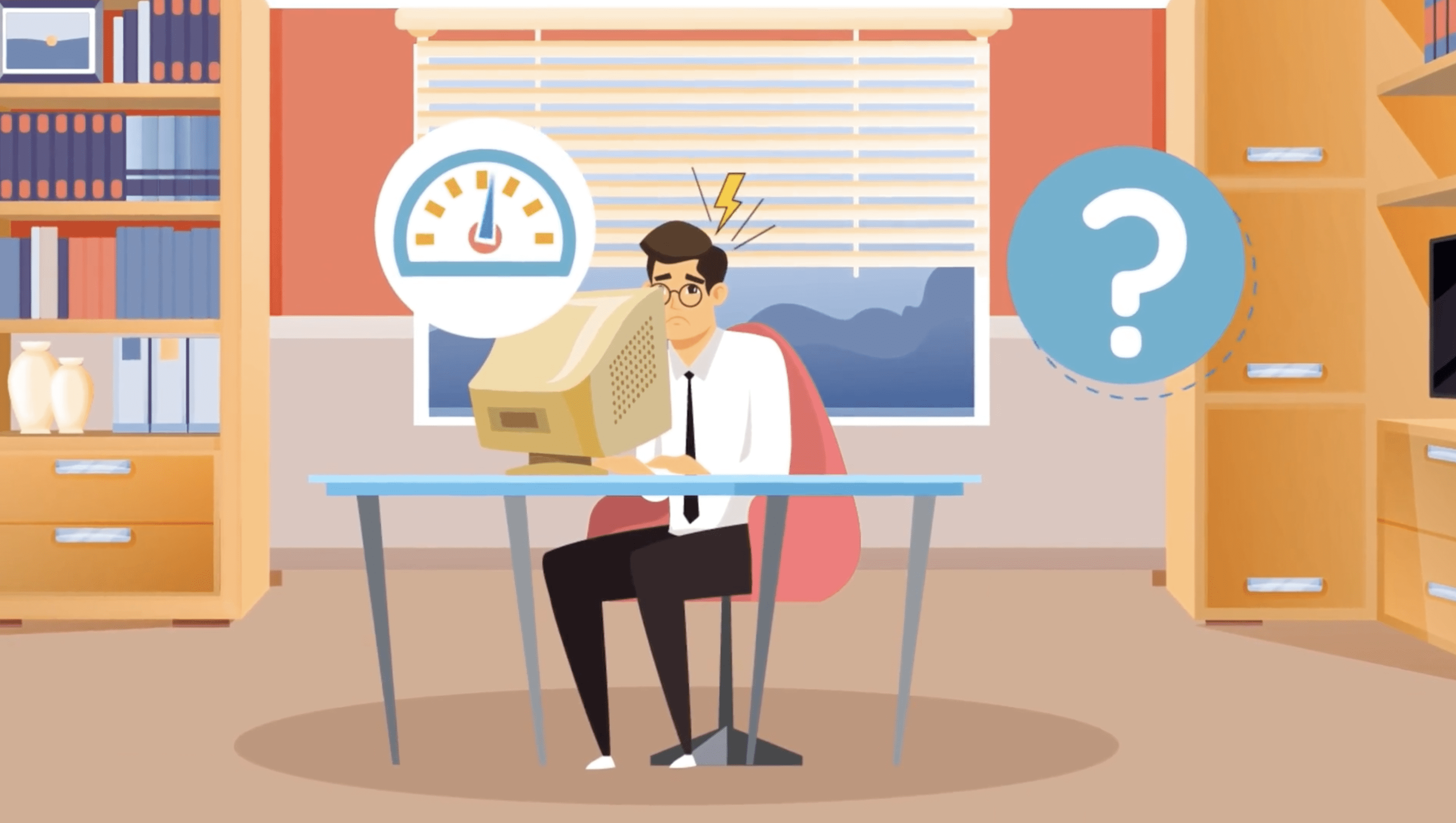 Man using an old computer looking worried