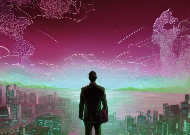 Silhouette of a man in business attire while looking at the horizon with a view of buildings and random drawings in the sky