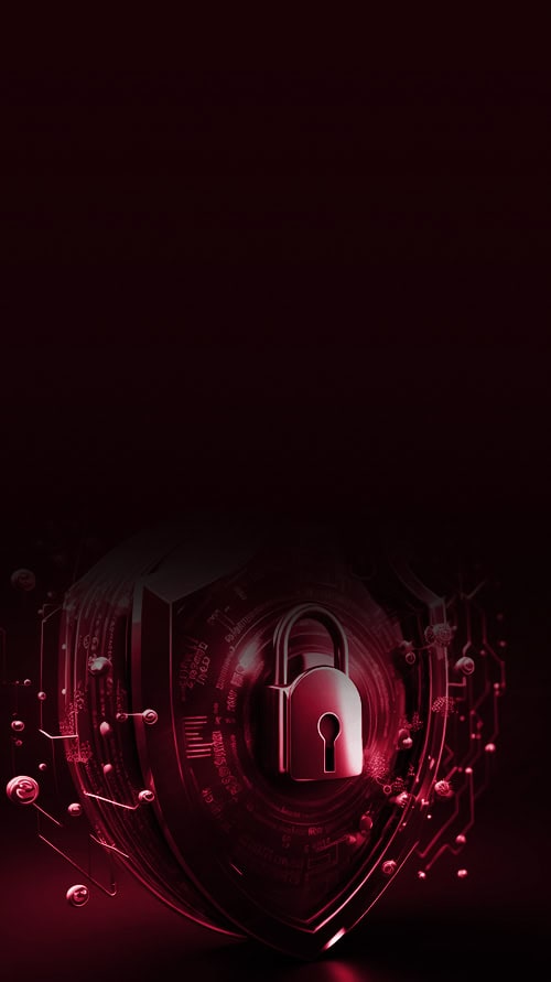 3D shield illustration with a lock in the middle of it and tech lines all around it. it portrays protection of cybersecurity