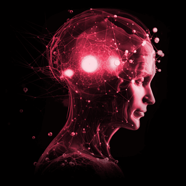 Side profile of a human head with the brain depicted as interconnected light that represent technology